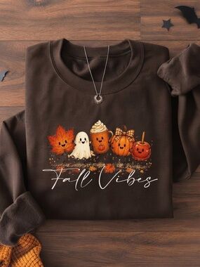 Fall Vibes Cute Ghost Pumpkin Coffee Halloween Brown Gildan Sweatshirt